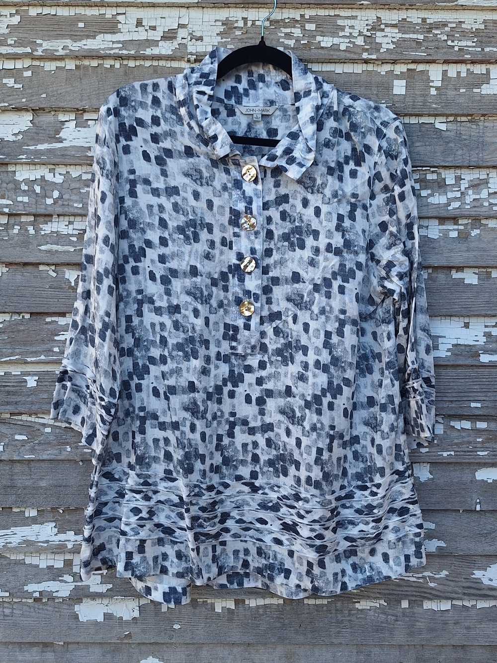 John Mark Gray Patterned Button Front Women’s Top Linen Blend Size Large